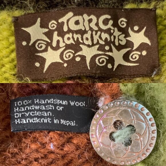 Tara Handknits Handspun Wool Cardigan Sweater L Floral Chunky Button Up Hippie - Picture 7 of 13